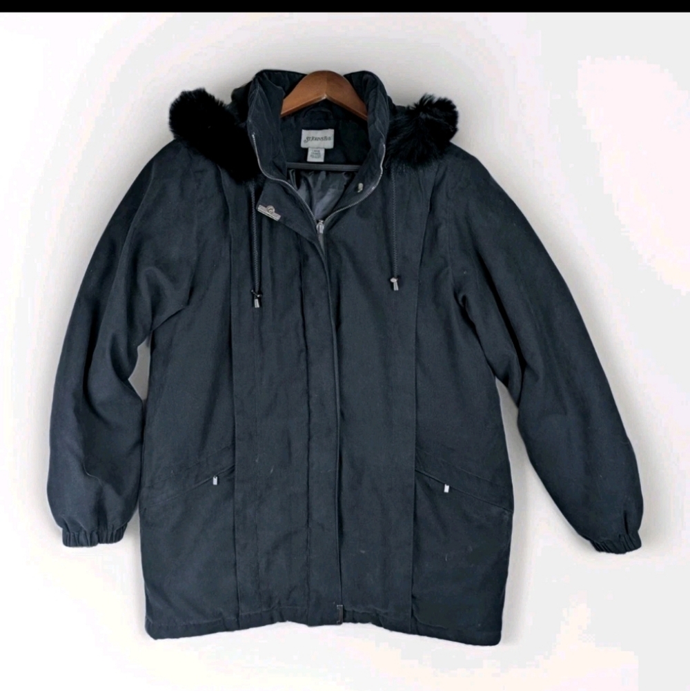 St. John’s Bay Women’s Large Black Winter Parka Faux Fur Trim Hood Coat